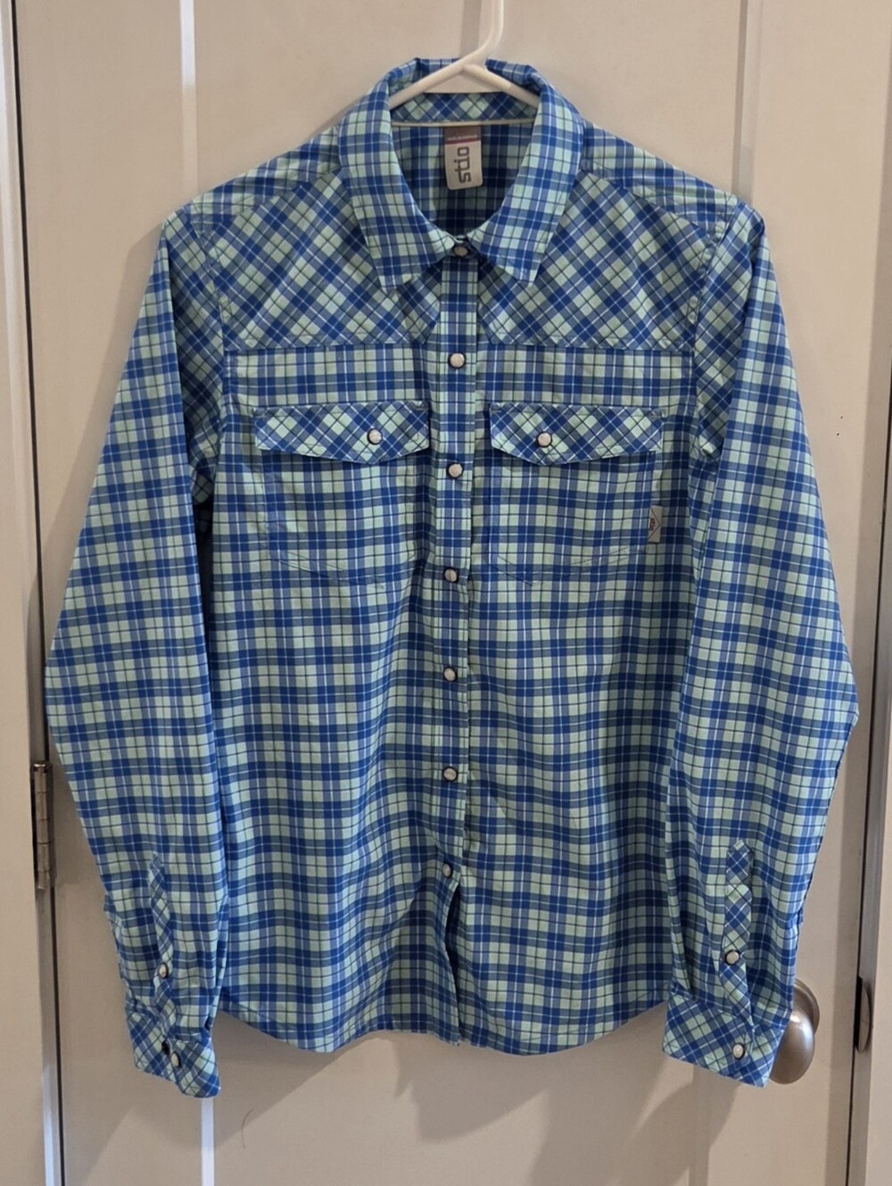 NWOT Stio Eddy Pearl-Snap Western Shirt  Women's Size Small - Blue & Green Plaid